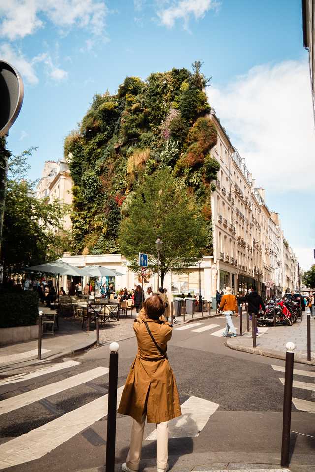 Woman in front of building with green wall